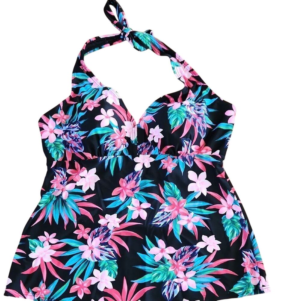 Croft & Barrow Large Black and Pink Tankini Top Swimsuit with Tropical Flair